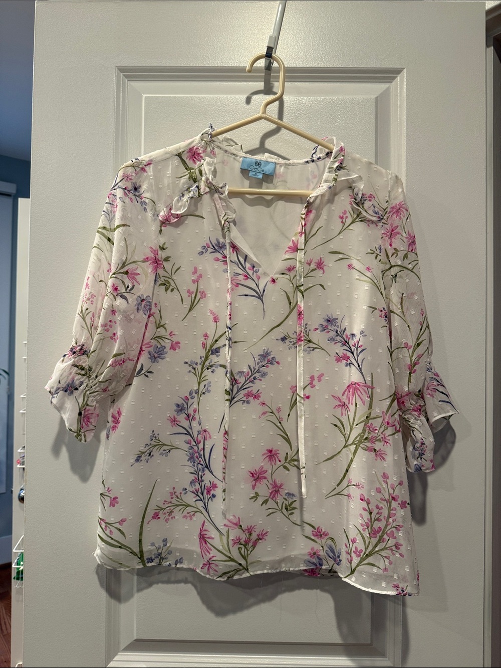 CeCe Ivory Sheer Floral Tie-Neck Blouse with Pink & Blue Blooms